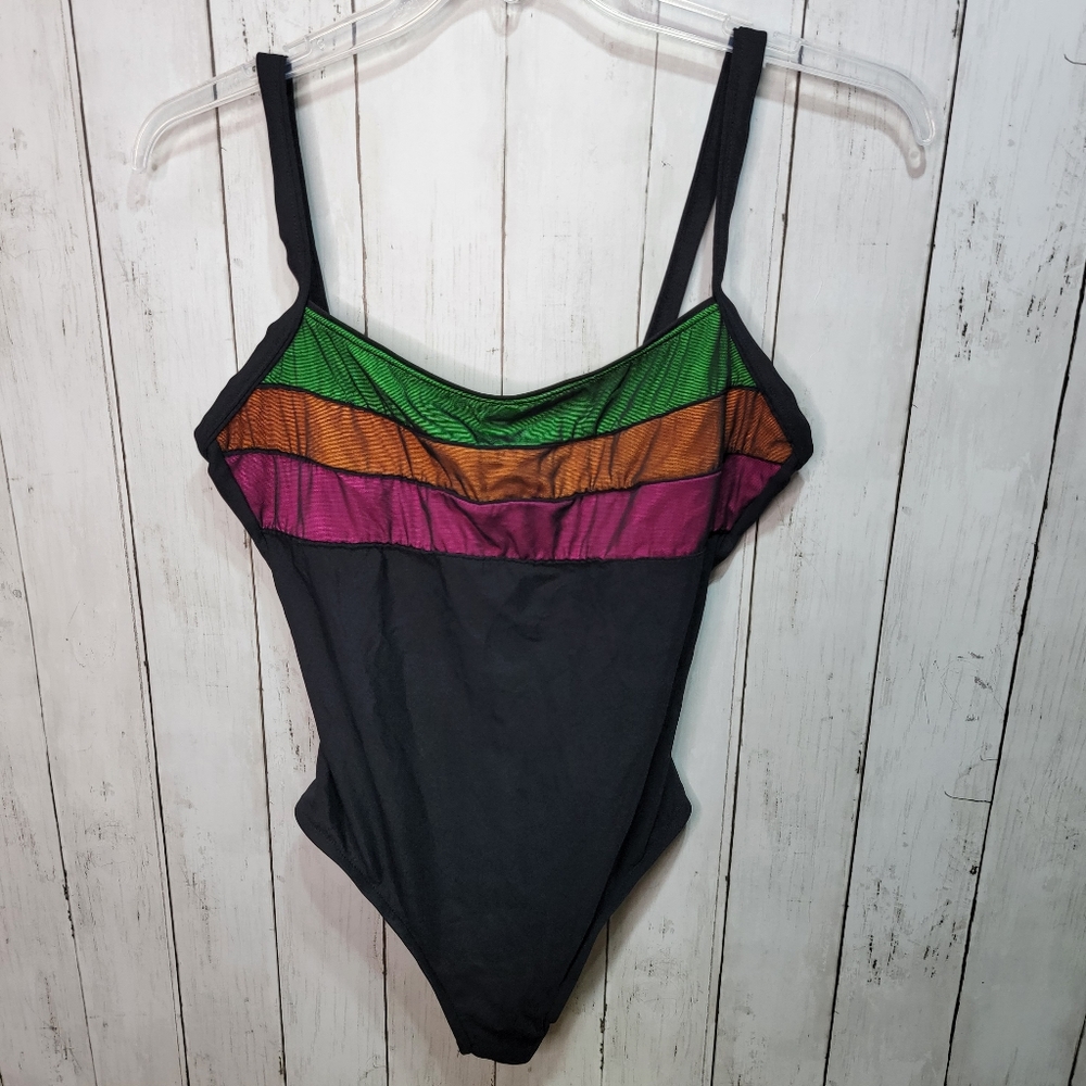 Vintage Sun Bound Women's Black One Piece Swimsuit Shelf Bra Size 14 Made In USA